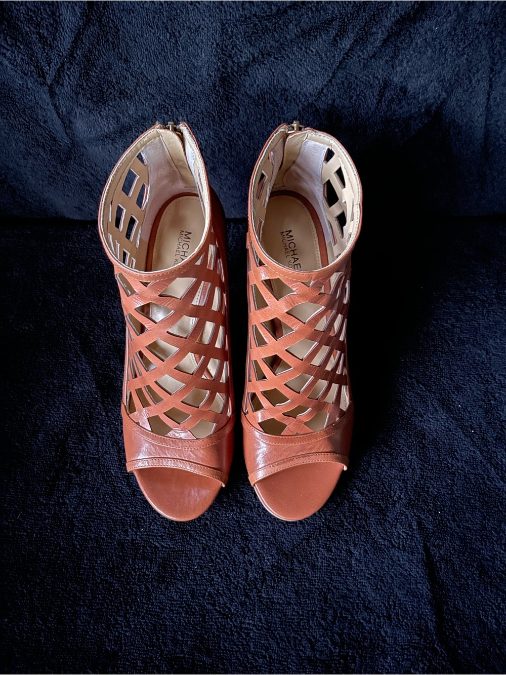 Michael Kors Leather Lattice Cutout Peep-Toe Heels in Tan